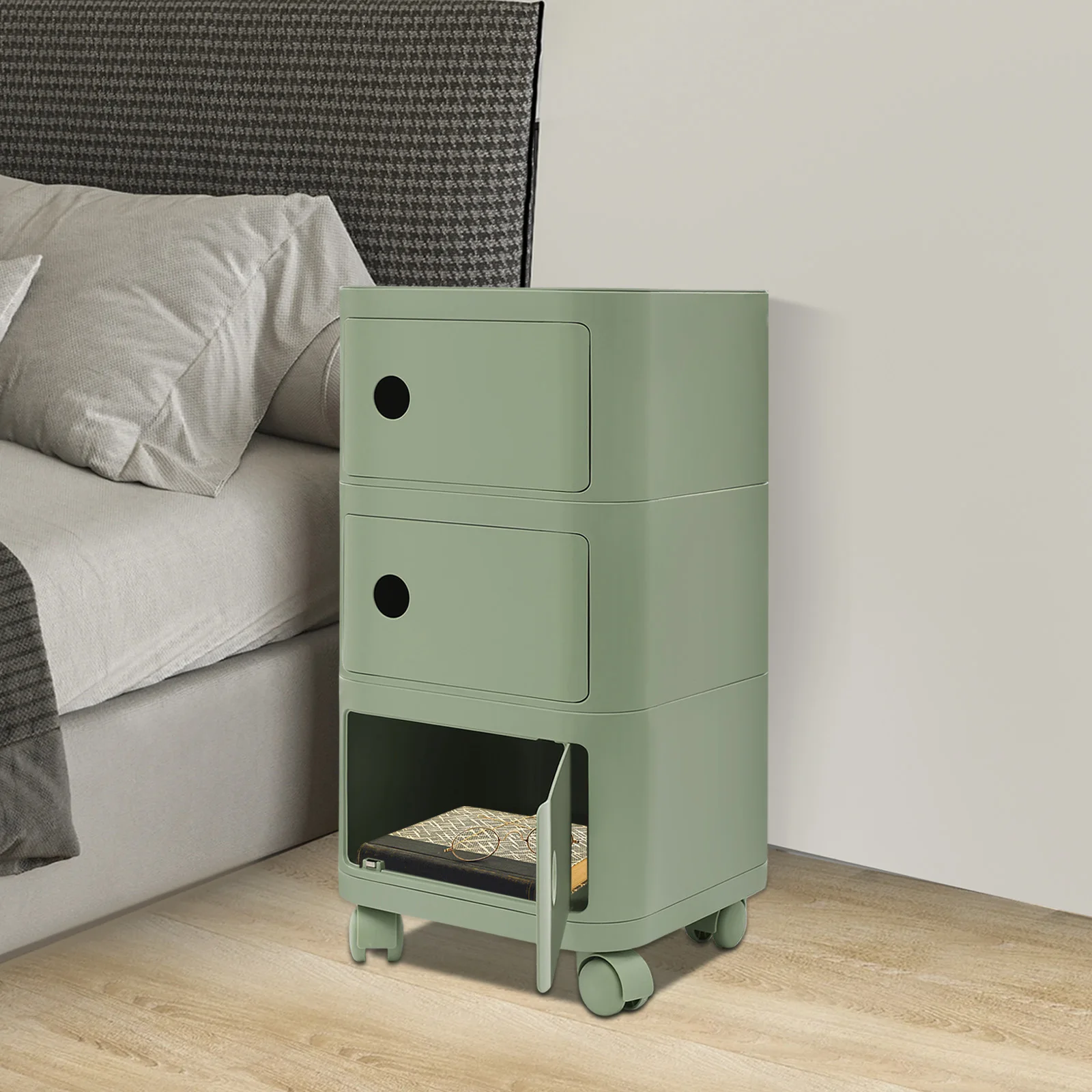 3-stöckiger kreativer Nachttisch, Nachttische, Nachttisch mit Rollen, Gelb/Grün/Schwarz, für Schlafzimmer, Wohnzimmer – Detail 8