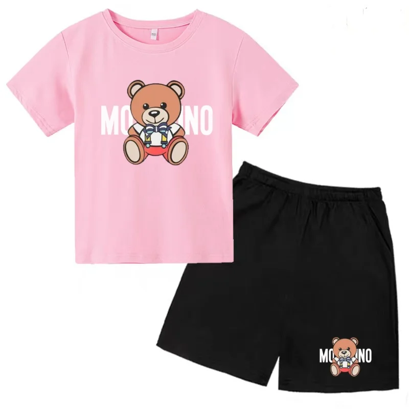

Kids T-shirt Summer Round-Necked Pretty Girl Kawaii Bear Print Boy Girls3-12Y Top+Shorts Two-piece Set Casual Trend Charming Set