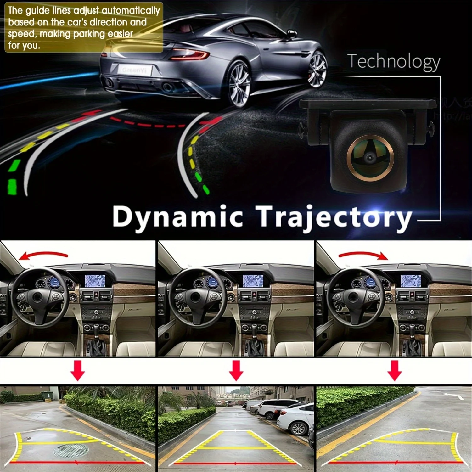 Full HD Dynamic Trajectory Backup Camera with 170° Wide Angle Fisheye Lens - Black, Wide Angle View for SUV, Truck, RV, Camper