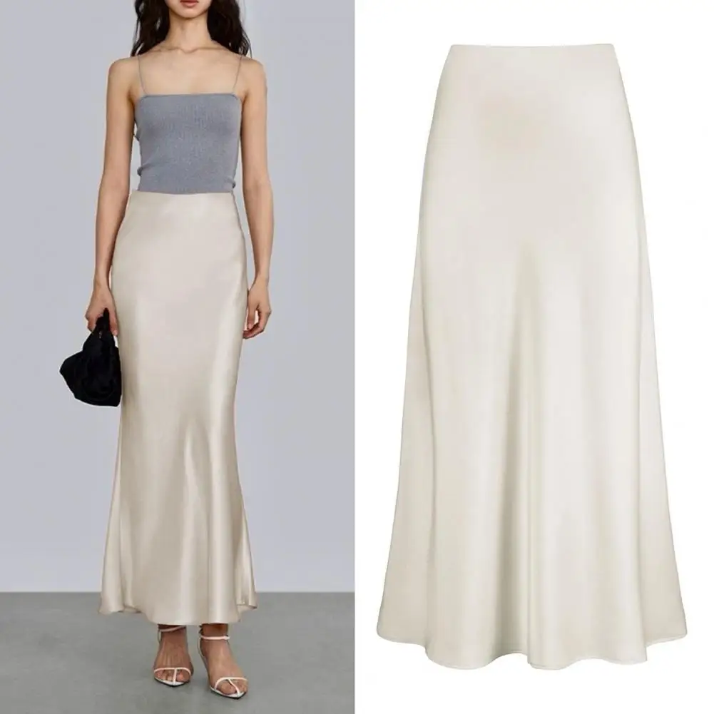 Smooth Satin Skirt Women Spring Summer High Waist Silky Texture Maxi Skirt Solid Color Fishtail Long Skirt