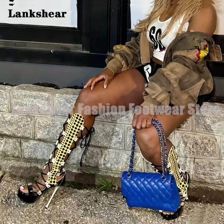 

Polka Dot Cross-Tied Platform Sandal Boots Lace-Up Knee High Sandals Women Shoes Sexy Party Shoes Sandalias De Mujer Verano