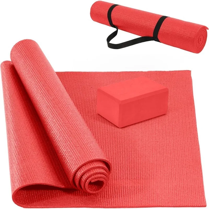 

All Purpose 1/4-Inch High Density Anti-Tear Exercise Yoga Mat with Carrying Strap and Yoga Blocks, Red