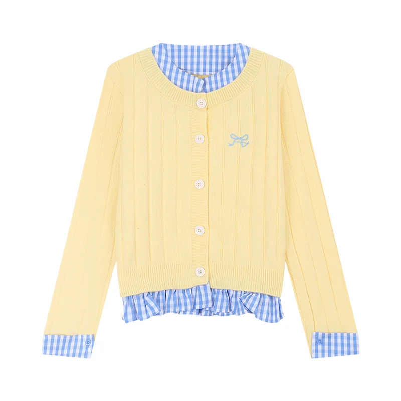 

American Plaid patchwork Sweater Women's Spring Autumn Single Breasted Loose Knit Cardigan Bow Embroidery Long Sleeved