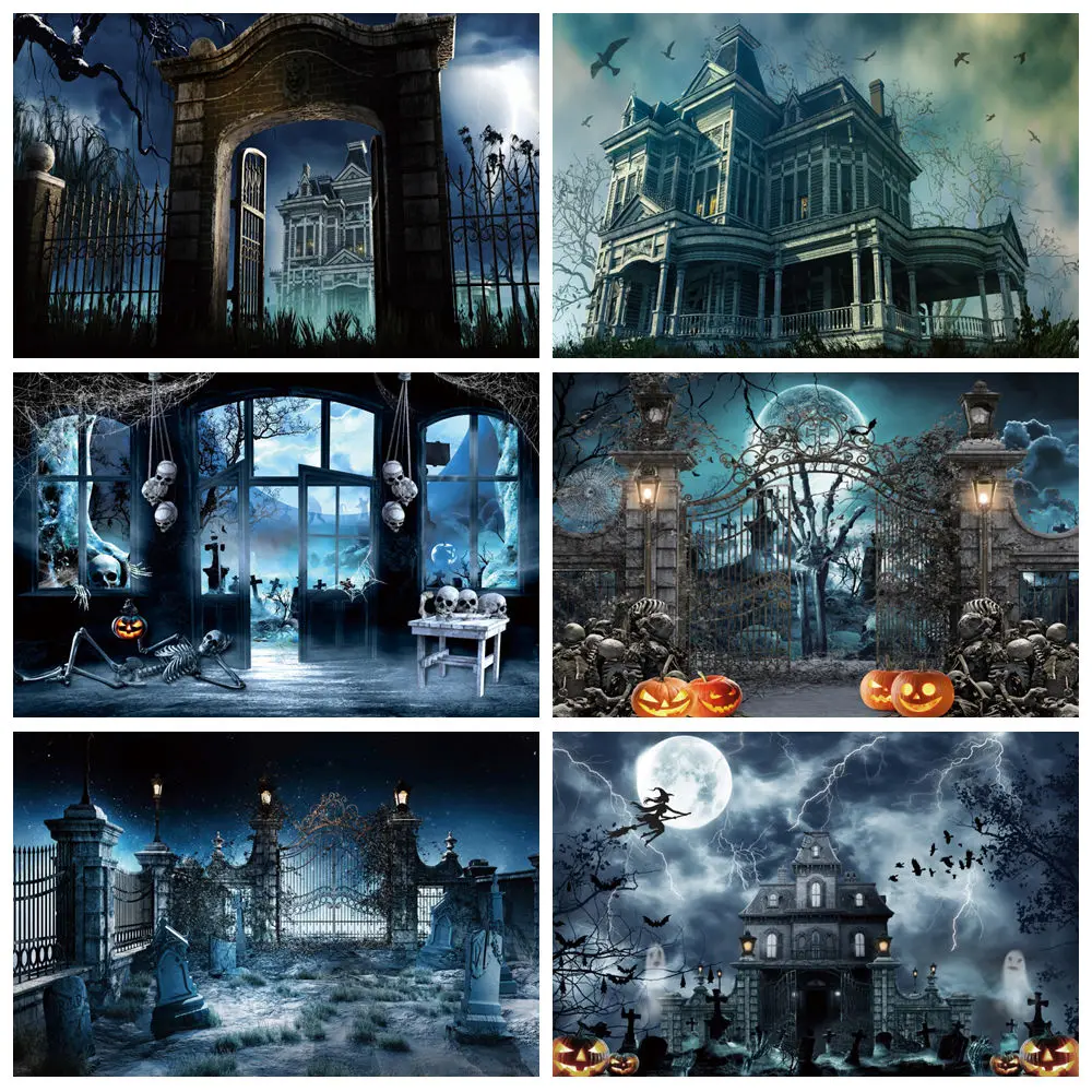 

Horror Castle Halloween Backdrop Scary Forest Full Moon Night Tombstone Pumpkin Lantern Halloween Party Photography Background