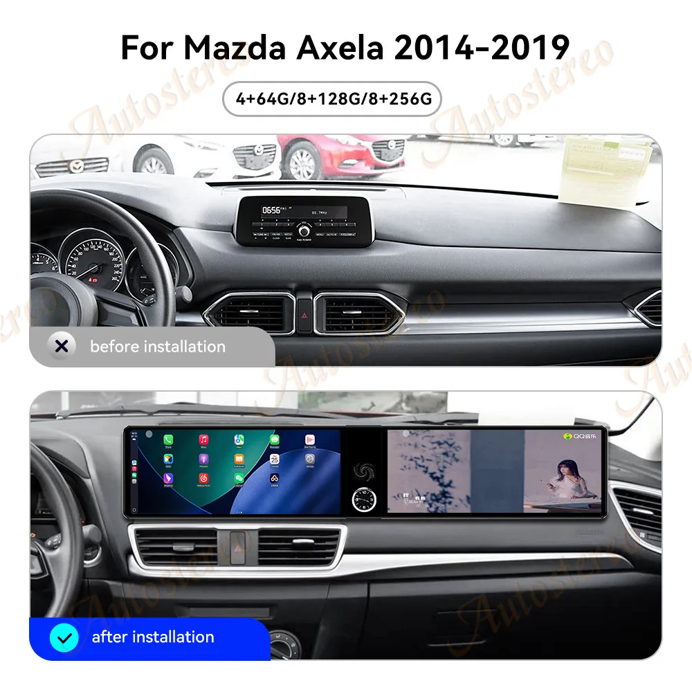 Dual Screen 12.3 inch Qualcomm Car GPS Android 14 Navigation For Mazda Axela 2014-2019 HeadUnit Multimedia Player Car Radio Aut