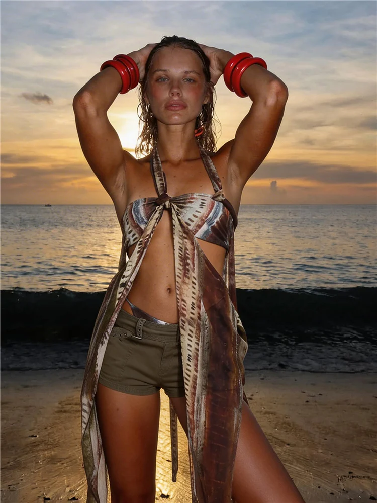 

Kliou Sexy Fashion 2 Piece Set Women Colorful Print Halter Bandages Backless Irregular Shape Tank Tops+Briefs Beach Style Suits