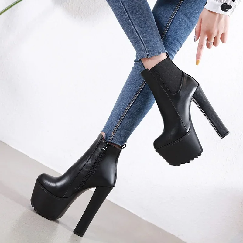 16CM grube buty na wysokim obcasie platforma damska gumką boczny zamek błyskawiczny Chelsea Boots czarne botki Zapatos Para Mujeres