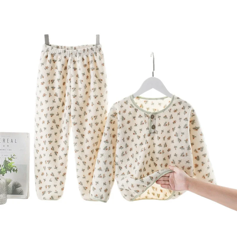 2026 Children's Fleece Clothing Sets Boys Girls Floral Print Home Suits Long Sleeve Pajamas Velvet Outfits Kids Thermal Pajamas 6