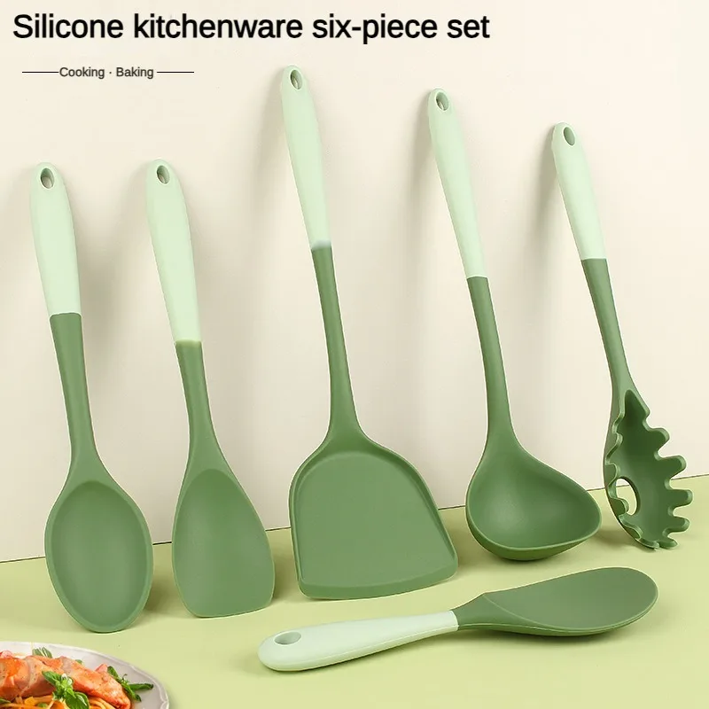 Conjunto de utensílio de cozinha de silicone de 6 peças: espátula chinesa, concha de sopa, turner com fenda, colher de macarrão, raspadores de salada e mel para não-S