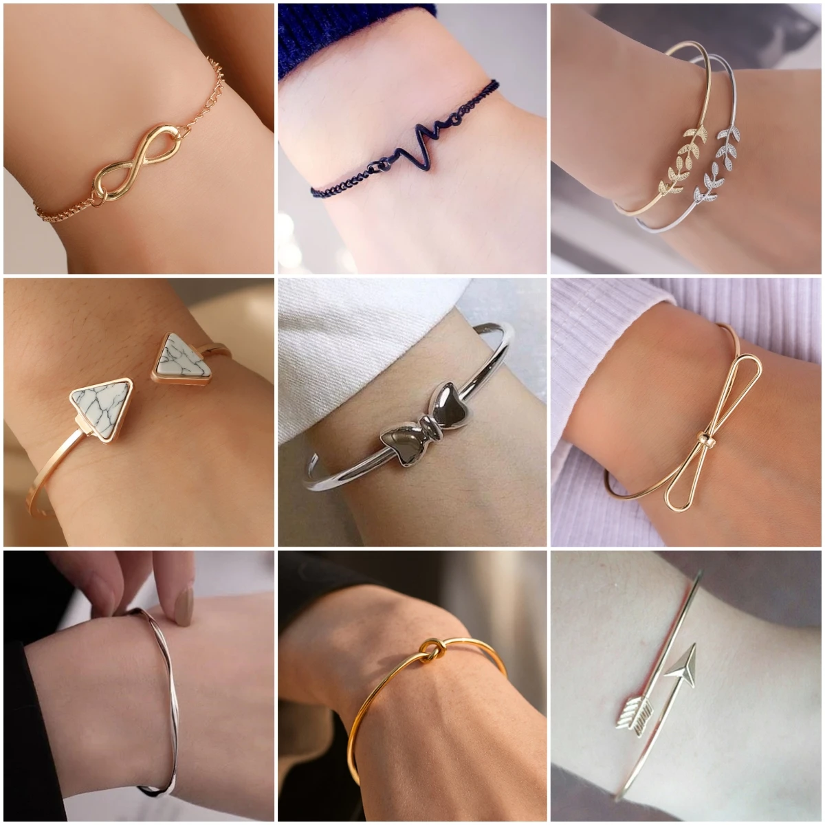 Trendy Love Heart Charms Bracelets Bangles for Women Bow Triangle Infinity Leaf Arrow Twist Round Bangle Open Adjustable Jewelry