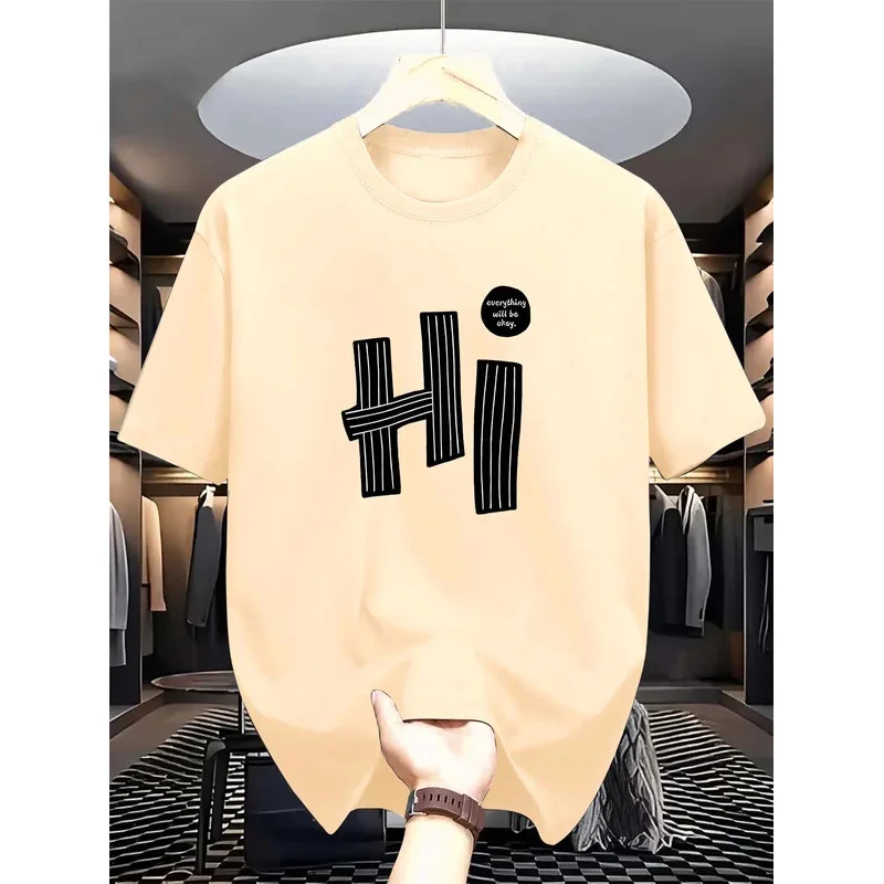 Summer men's 100% pure cotton casual loose fit plus size hi letter pattern  printed round neck short sleeved T-shirt top
