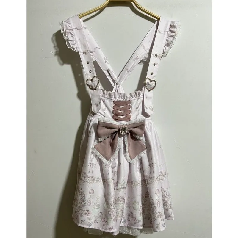 Bow Strap Skirt Dresses Y2K Love Japan Landmine Dire Ribbon Bow Diamond Studded Buckle Detachable Printed Strap Skirt Dresses