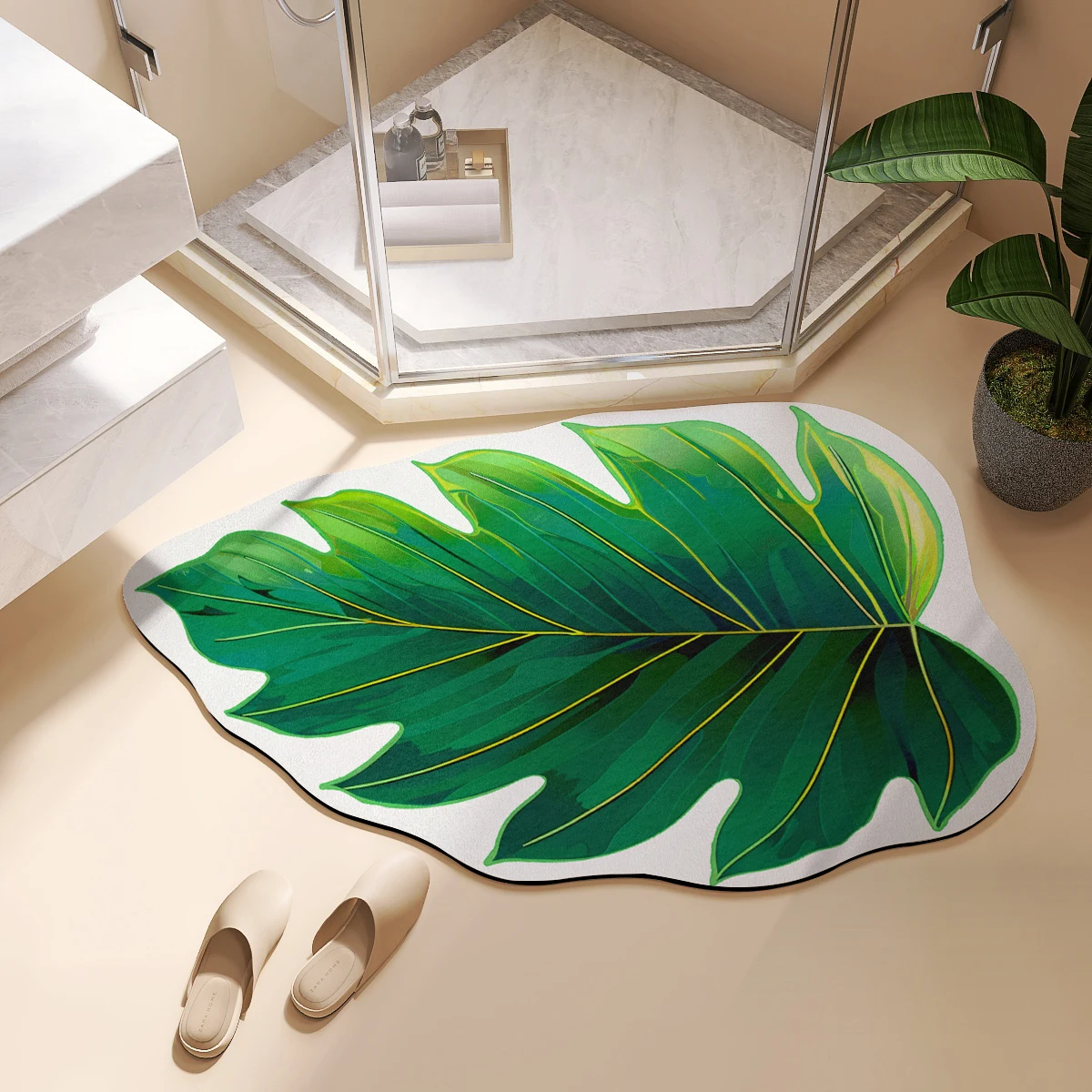 Diatomaceous Earth Green Leaf Bath Mat Bathroom Super Absorbent Floor Foot Mats Toilet Carpet Non-slip Shower Rugs Washable