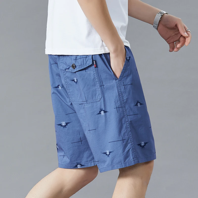 Men's Clothing Summer Pockets Geometric Printing Button Elastic High Waist Straight Cargo Preppy Style Vintage Knee Pants Shorts