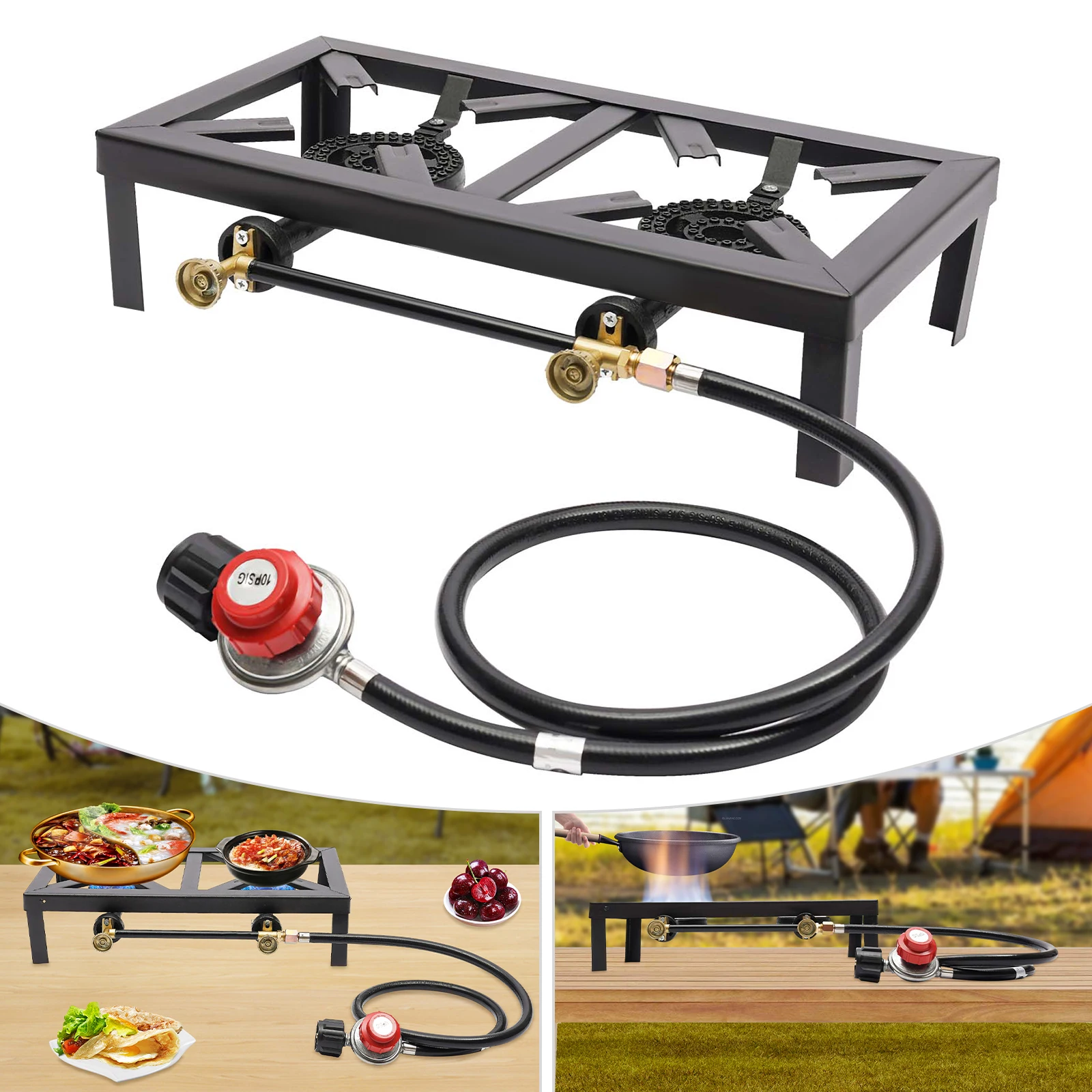 8000w Doppel brenner Propangas ofen tragbarer Gusseisen Outdoor Camp Herd mit verstellbarem Schlauch Outdoor Grill Picknick Herd