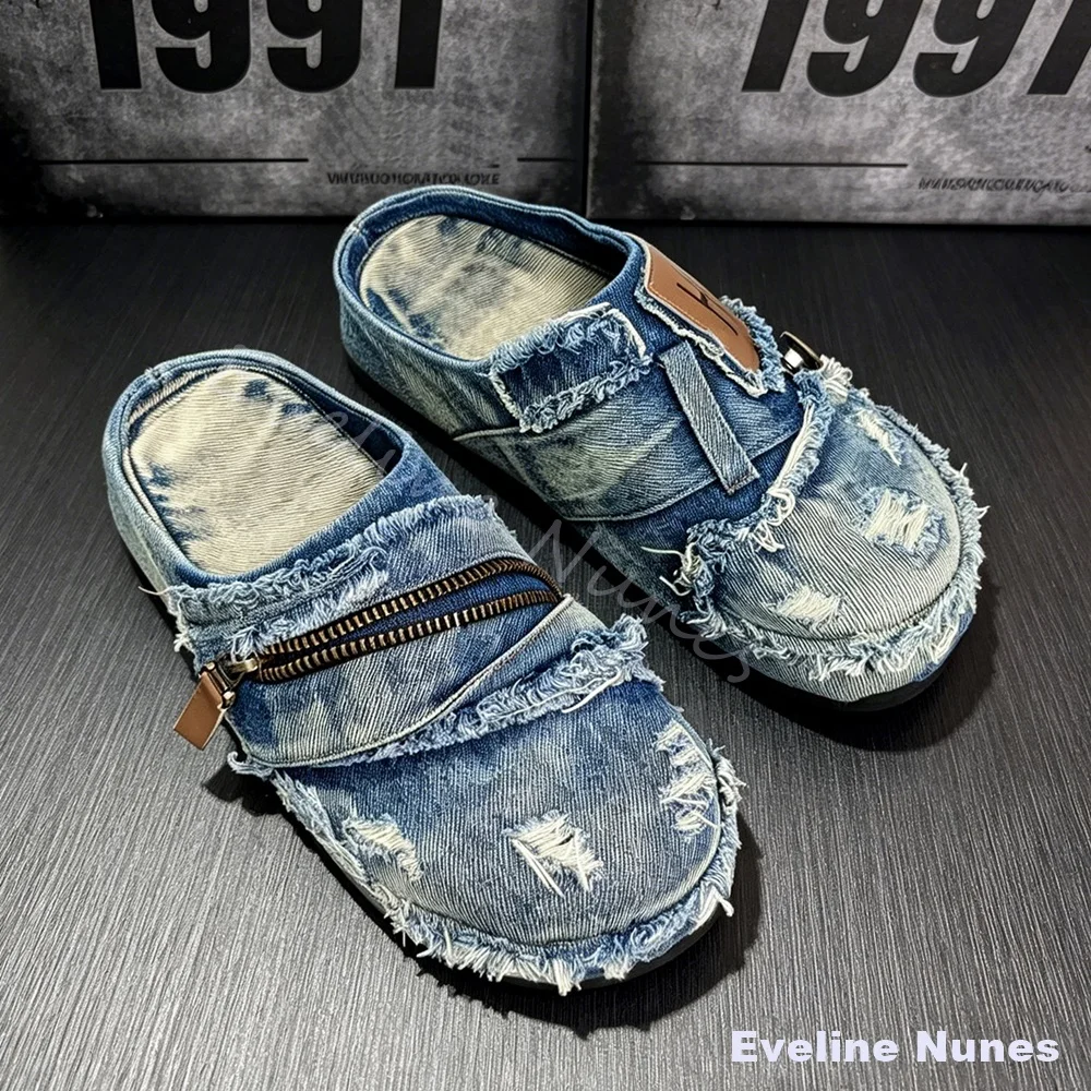 Distressed Washed Denim Slides Men Round Toe Slip On Platform Closed Toe Slides Unisex Y2K Vintage Street Casual Canvas Slippers