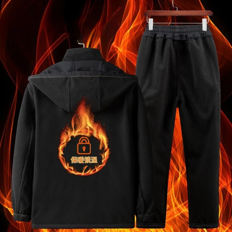 Winter Men Thickened Jacket Set Fleece Cold-proof Warm Work Clothes Casual Multiple Pockets Windproof Hooded Pants Sweatwear Set