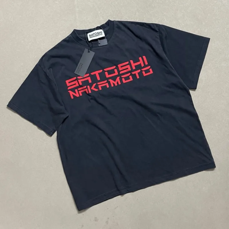 Real Photo Summer Street Men Women Oversize SATOSHI Tshirts Red Foam Letter Logo Washed Black Cotton Round Neck Short Sleeve
