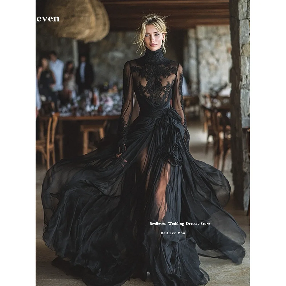 

Smileven A Line Lace Black Evening Dresses High Neck Long Sleeve Prom Maxi Dresses Modest Birthday Party Gowns Customized