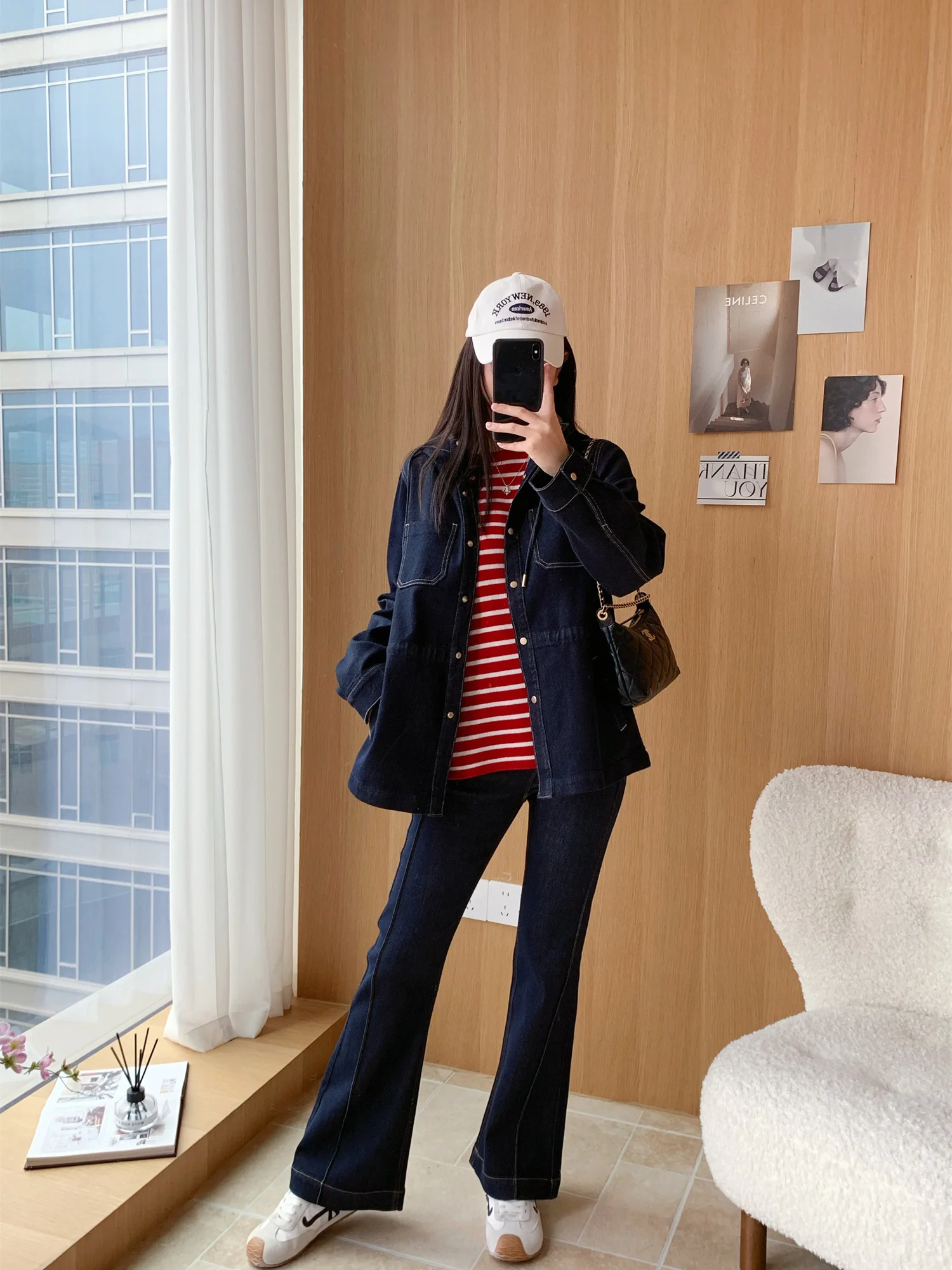 

Denim Jaet Flared Pants Striped irt Eco-Friendly Series Women's Jeans Cotton Fabric l Waist Button Closure