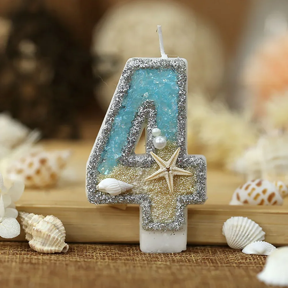 3inch Birthday Candle Large Number 4 Candle Marine Style Beach Starfish Seashells Cake Topper for Kids Birthday Party Decoration