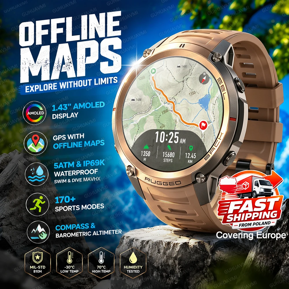 Nouvelle montre connectée GPS 2026 avec cartes hors ligne et fonction de retour d'itinéraire, écran AMOLED 1,43'', appels Bluetooth, boussole intégrée, altimètre, baromètre, montre intelligente étanche 5ATM pour la natation et la plongée, GPS double bande L1+L2, montre militaire de fitness et d'extérieur pour hommes