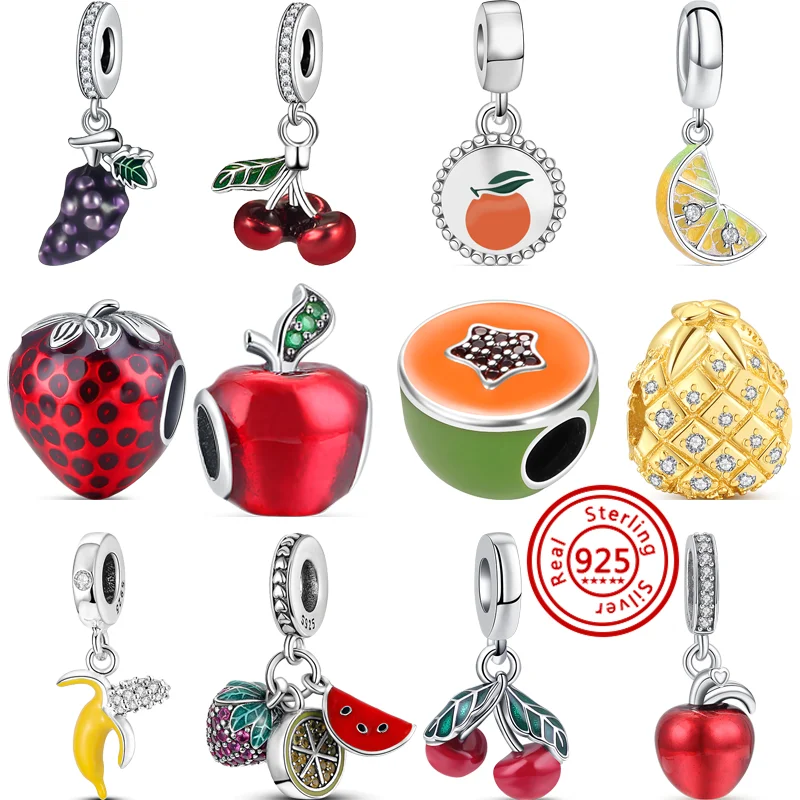 

925 Silver Strawberry Apple Cantaloupe Cherry Orange Lemon Banana Fruit Charms Beads Fit Original Pandora Bracelet DIY Jewelry