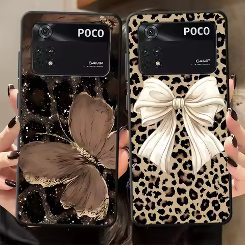 Case for Xiaomi Poco F8 C50 F1 M3 M4 M7 Pro M5 X3 X4 X5 X7 Pro C61 C71 F3 C75 Black Soft Phone Cover Leopard Print Bow Butterfly