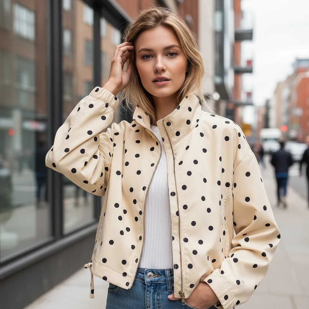 DUOPERI Women's Milk Apricot Polka Dot Short Jacket Stand Collar Drawstring Light Sunscreen Jacket Tops
