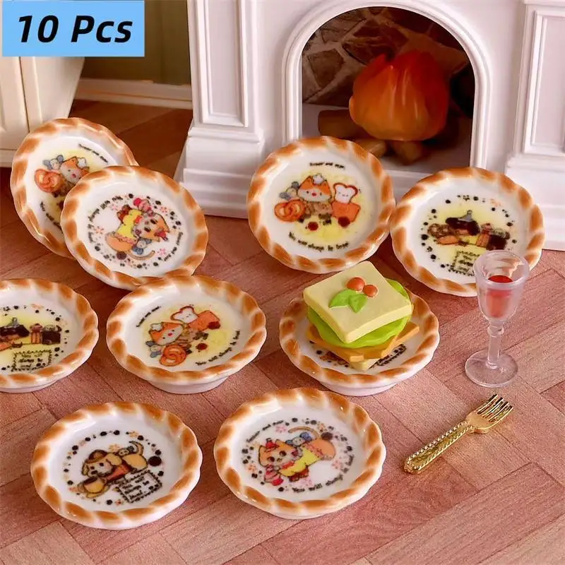 10Pcs/set Dollhouse Miniature Puppy Dog Print Bread Pan Model Doll House Scene DIY Decor Accessories Kids Pretend Play Toys