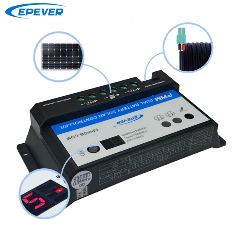 Imagem -05 - Eficiente Bateria Dupla Controlador Solar Regulador de Carregamento Pwm Monitor Remoto Opcional Epever Epipdb-com10a 10a Alta