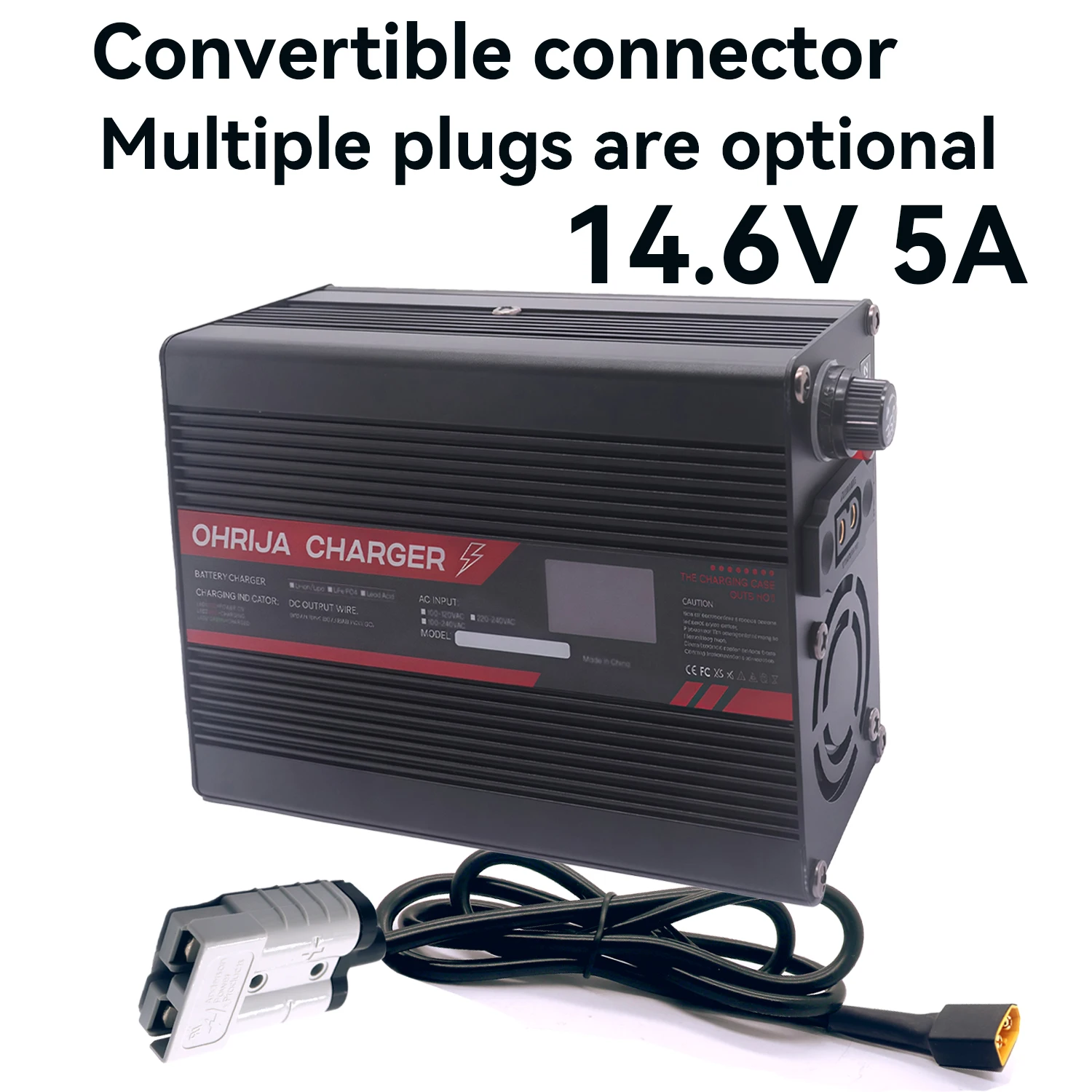 14.6V 5A LiFePO4 Battery Fast Charger for 4S 12.8V OLED Display & Interchangeable Connector Fast stabilization with cooling fan