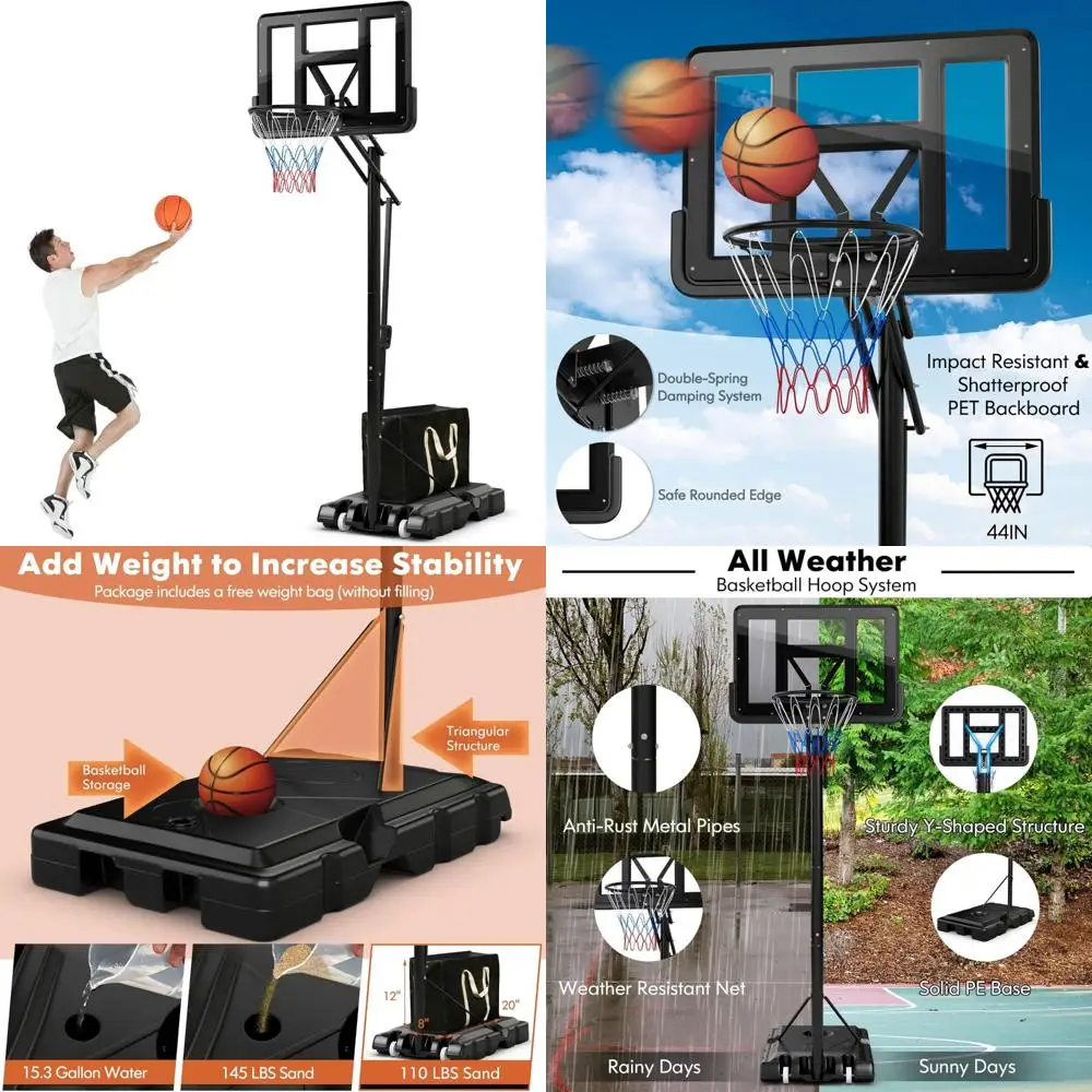 

adjustable outdoor basketball hoop system for adults - 8-10ft height, 44" backboard, wheels, portable, heavy duty