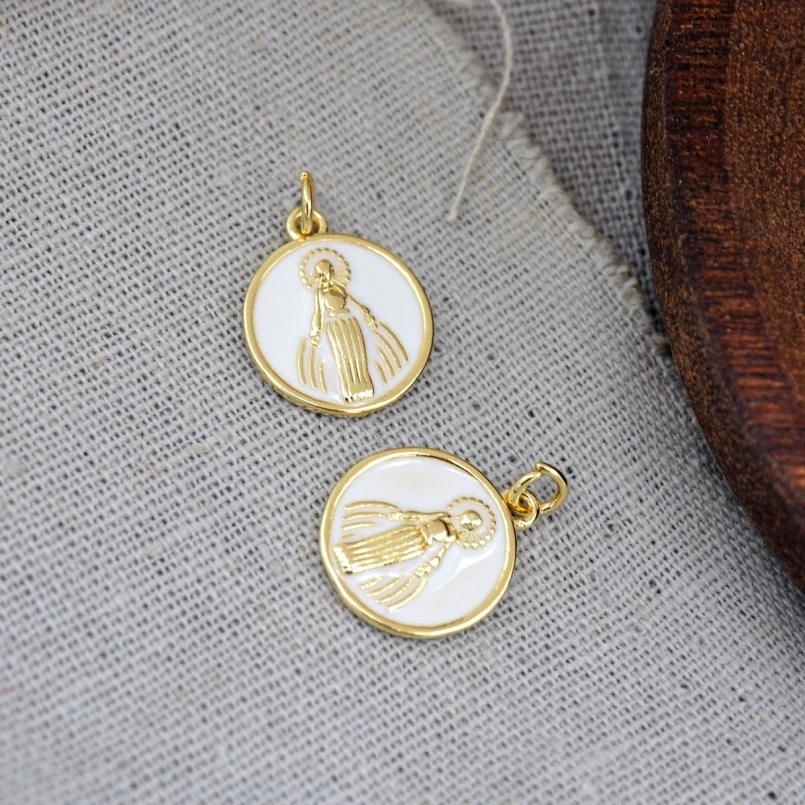 2Pcs Enamel Copper Charms Gold Color Circle Face Religious Round Madonna Coin Shape Spiritual Pendant Jewelry