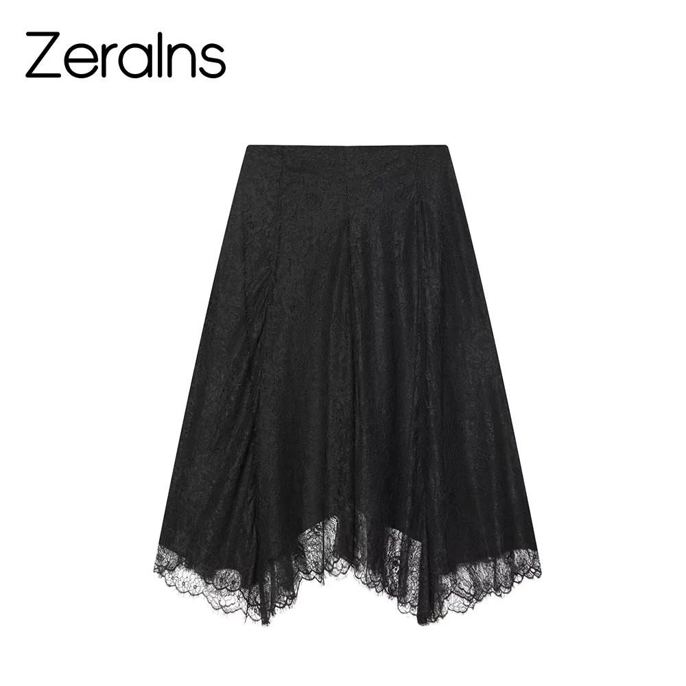 ZERAINS Winter new women's clothing asymmetrical A-line decorative layer hem mid waist lace MIDI midi skirt