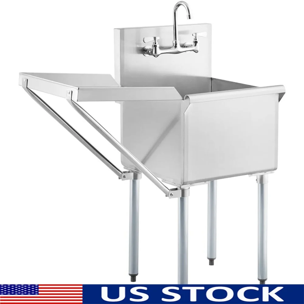 

Commercial Stainless Steel Utility Sink with Drainboard and 8 Inch Gooseneck Faucet 1 Compartment Deep Bowl Food Service