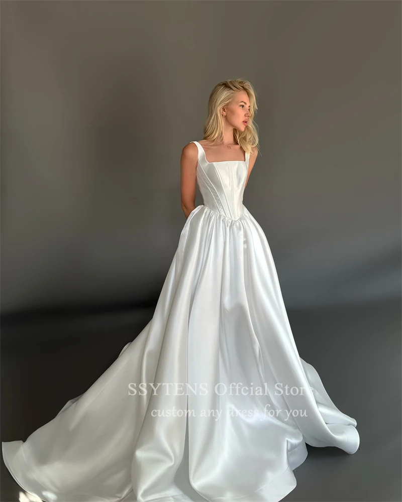 Trendy Satin Square Neck Wedding Dresses Boning Custom Made Bride Dress Princess Sleeveless Floor Length A Line Bridal Gowns