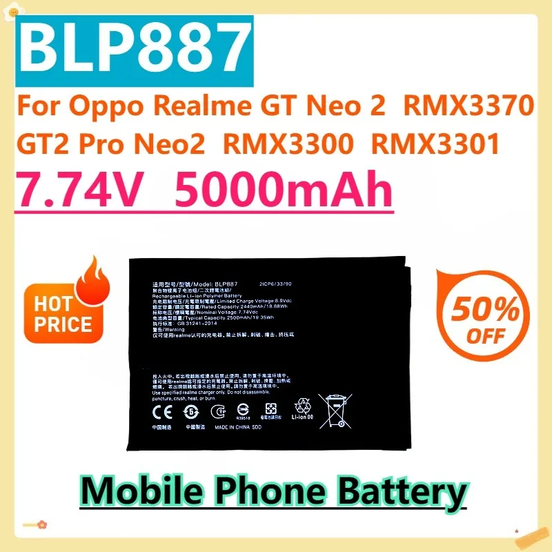

For Oppo Realme GT Neo 2 RMX3370 GT2 Pro Neo2 RMX3300 RMX3301 Mobile Phone Battery BLP887 7.74V 5000mAh
