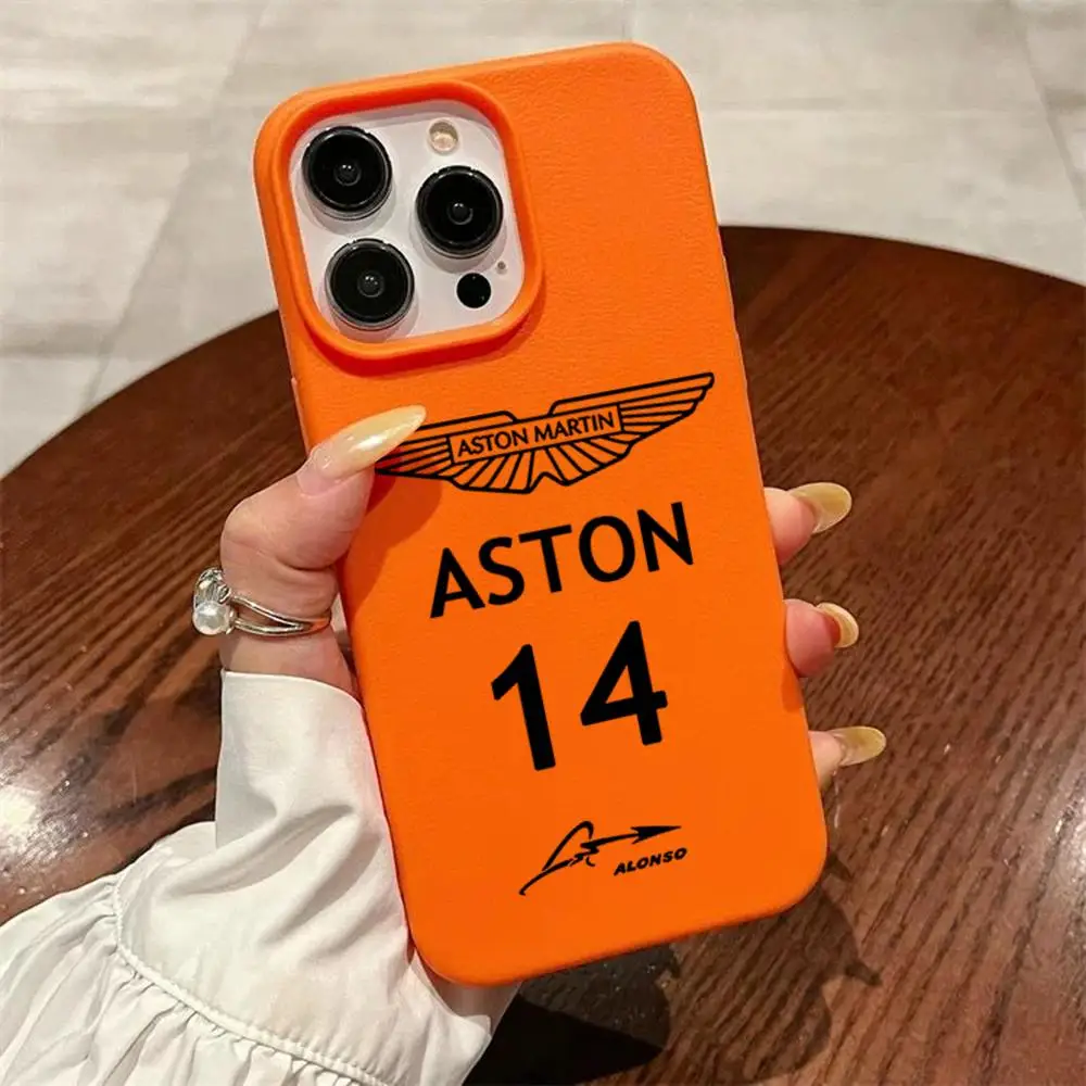 A-Alonso 14 Aston Martin F1 Silicone Litchi Lines Leather For IPhone 15 11 14 Plus 16 Pro Max 12 13 7 8 Cover