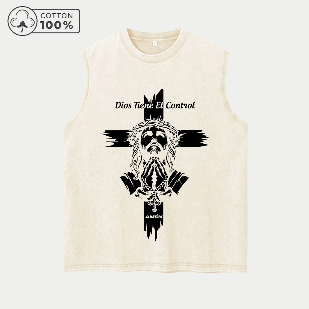Men's Gym Washed Vest With Jesus Prayer Print Retro Casual Pure Cotton Crew Neck Sleeveless Top Summer Commute Training Top