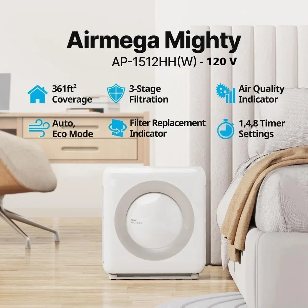 Airmega AP-1512HH(W) Purificador True HEPA con monitoreo de calidad del aire, automático, temporizador, indicador de filtro y modo ecológico, 16,8 x 18,3 x