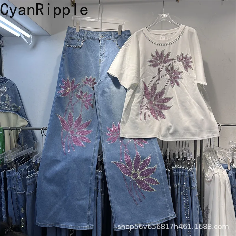 

Fashion Lady Spring Summer Two-piece Sets Women Hot Diamonds Loose Short Sleeve T-shirt Top + High Waist Wide Leg Casual Jeans