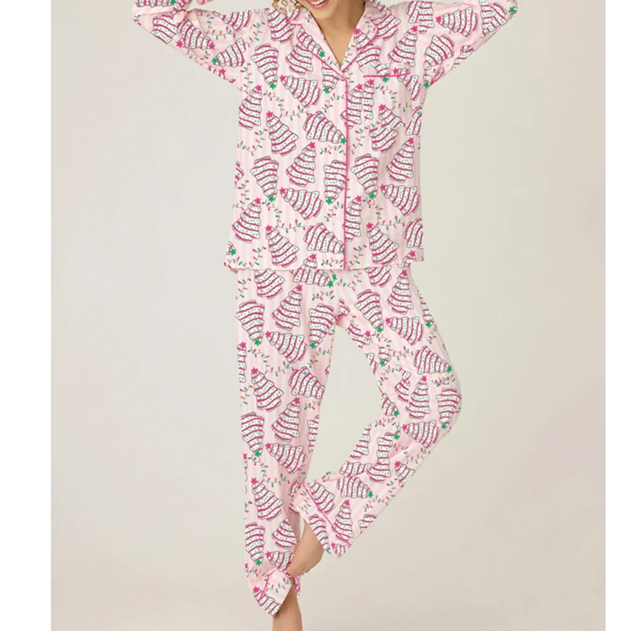 Women's Christmas Pajamas Set Long Sleeve Turn Down Collar Candy Cane Print Tops and Elastic Waist Pants Lounge Wear 2 Pcs Set