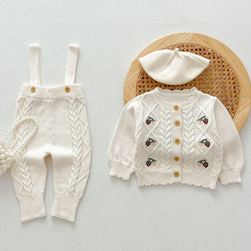 

2024 New Autumn Toddler Baby Girl Knitting Clothes Suit Embroider Knitted Cardigan+Jumpsuit Infant Baby Girls Clothing Set