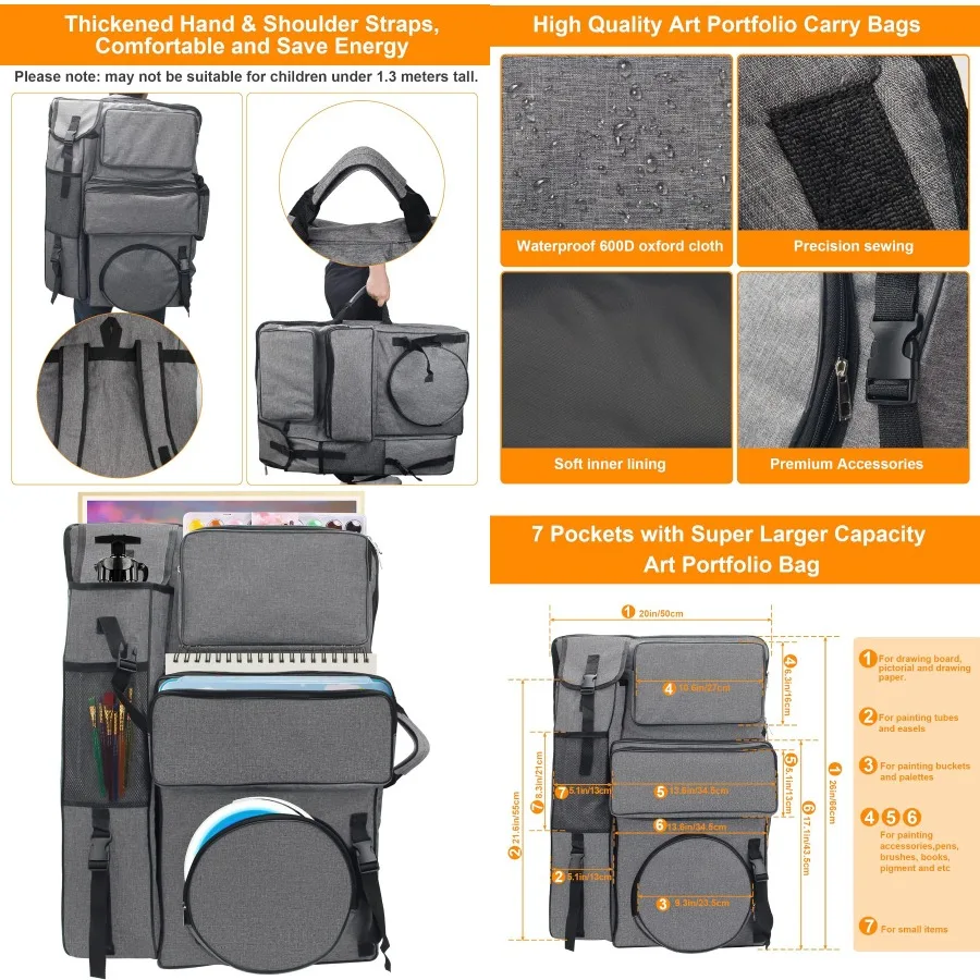 Ransel Portofolio Seni Kanvas 20 x 26 untuk Perjalanan Luar Ruangan dan Menggambar: Tas Jinjing Kapasitas Besar dengan Kompartemen Khusus untuk