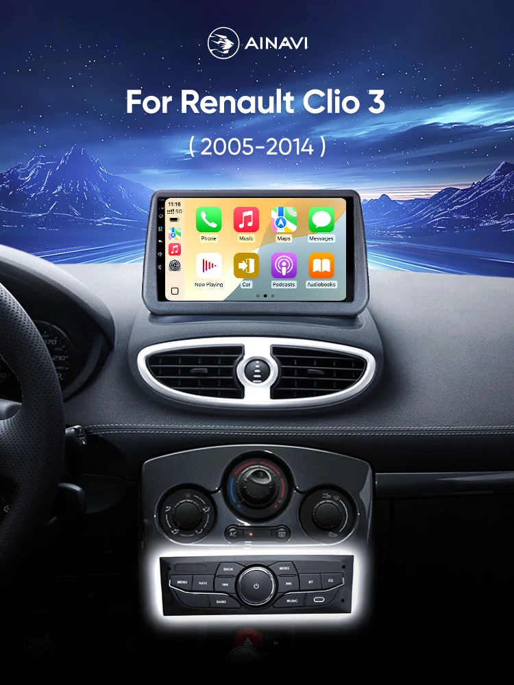 Ainavi Autoradio für Renault Clio 3 2005-2014, kabelloses CarPlay, Android Auto, 4G-Multimedia-Player, Navigation, GPS, 2-DIN-Autoradio, intelligente Fahrzeugsysteme, WiFi, 8-Kern, Plug&Play-Headunit,