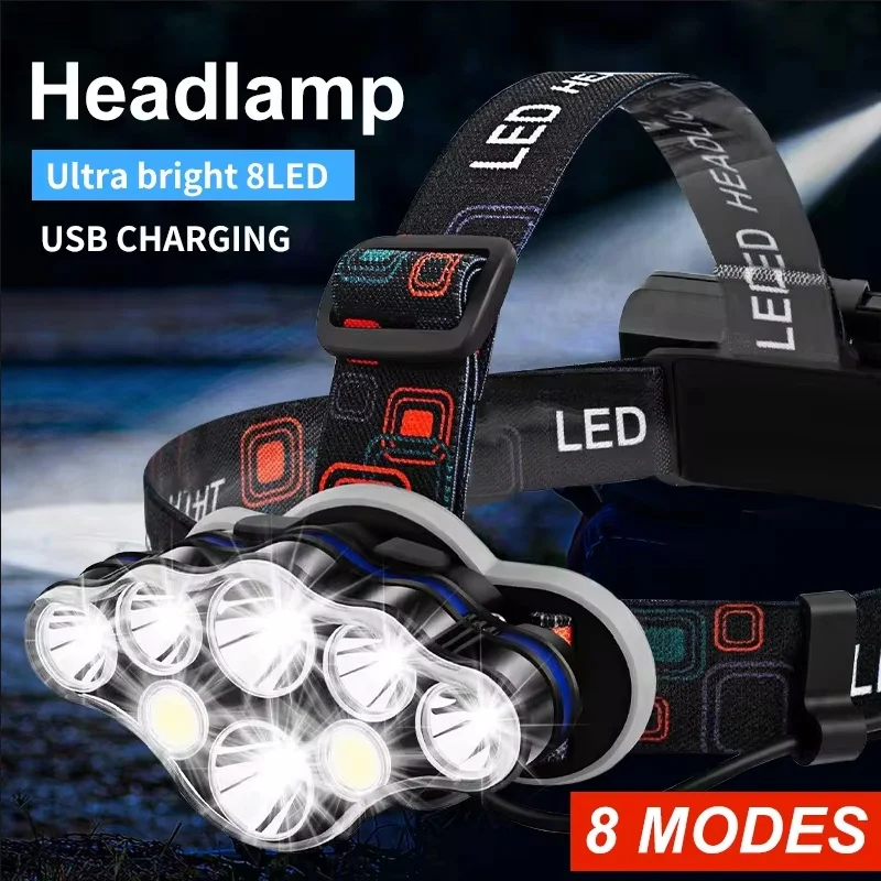 Powerful Headlamp 8 LED Headlight 8 Modes Waterproof LED Head Lamp Head Flashlight Lantern for Outdoor Camping COB Working Light