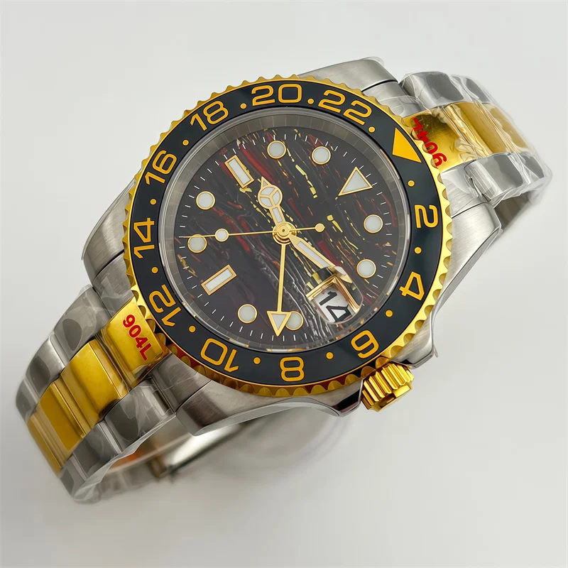 40mm tiger-eye dial GMT NH34 movement men's silver-gold mechanical wristwatch with sapphire glass water-resistant 100 meters