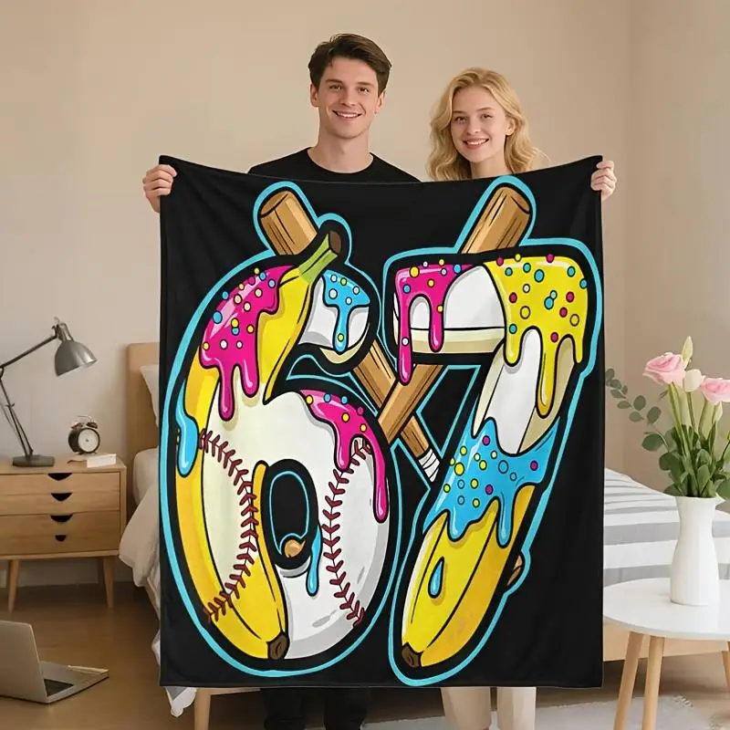 Number 67 ice cream design Flannel printed blanket suitable for all seasons suitable for living room office sofa and travel