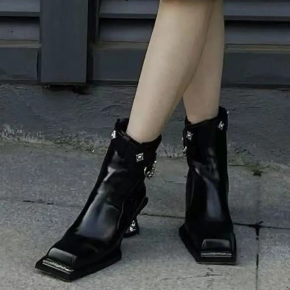 Black Microfiber Leather Metal Decorate Tapered Heel Boots Square Toe Punk Style Knee Calf  Women Boots Solid New Design Shoes